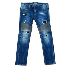 Balmain Paris Men Blue Distressed Moto Jeans Biker Style Size‎ 38 Slim